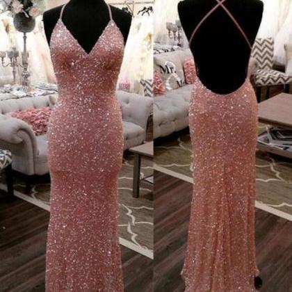 Simple Pink Sequins Long Prom Dress, Sexy Evening..