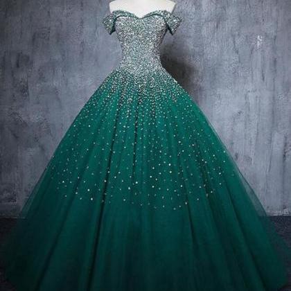 Off The Shoulder Dark Green Prom Dress With Beaded