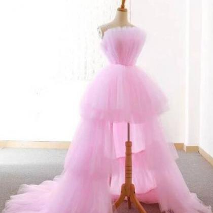 Sexy High Low Pink Tulle Prom Dresses With Ruched