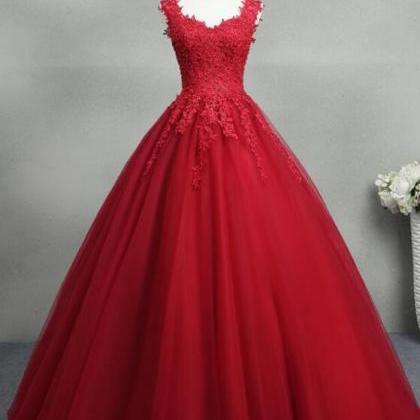 A Line Red Tulle Prom Dress With Lace Applique..