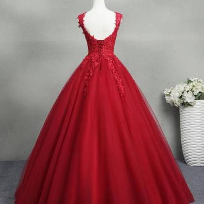 A Line Red Tulle Prom Dress With Lace Applique..