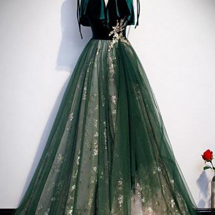 A Line Green Straps Long Prom Dresses With Top..