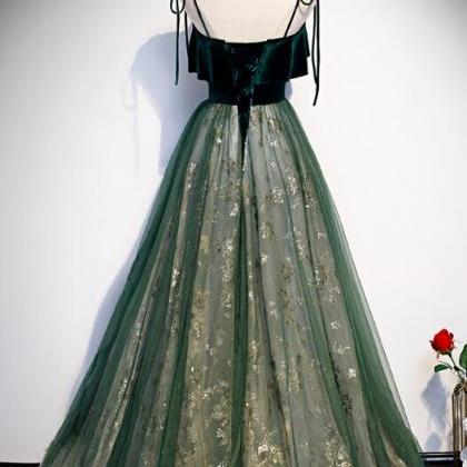 A Line Green Straps Long Prom Dresses With Top..