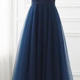 A Line Sleeveless Navy Blue Lace Tulle Evening..