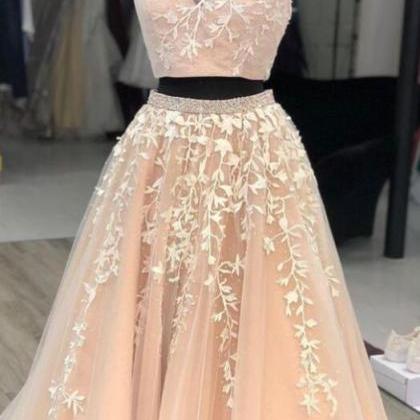 Two Piece A Line Long Prom Dress With Lace