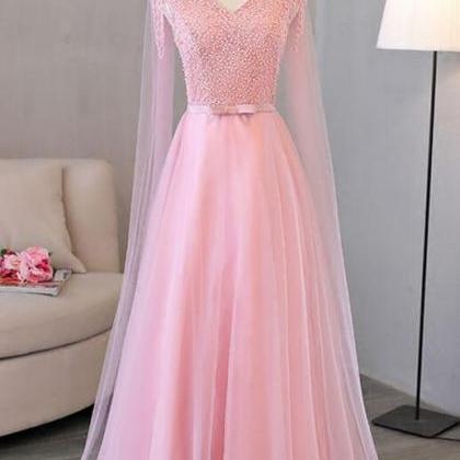 A Line Pink V-neck Long Tulle Prom Dress With..