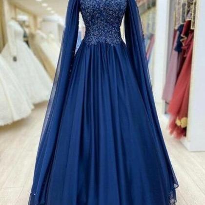 A Line Navy Blue Tulle Evening Dress, Formal Dress