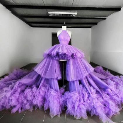 High Low Ball Gown Purple Tulle Prom Dresses