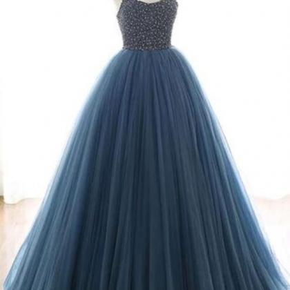 A Line Blue Tulle Long Prom Evening Dress