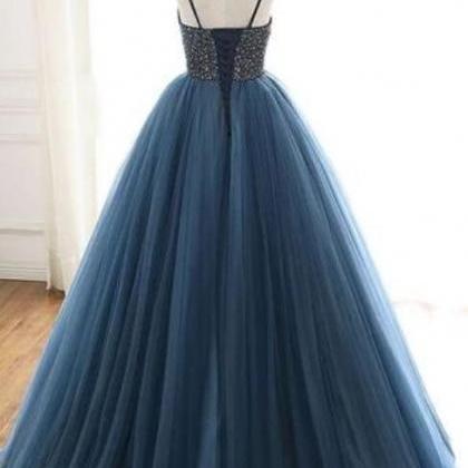 A Line Blue Tulle Long Prom Evening Dress