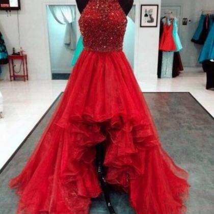 Halter High Low Red Beaded Prom Dresses