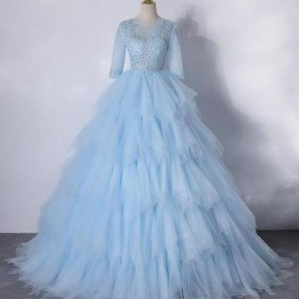 Light Blue Short Sleeves A Line Tulle Prom Dress..