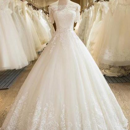 Princess A-line Short Sleeve Lace Wedding Dresses