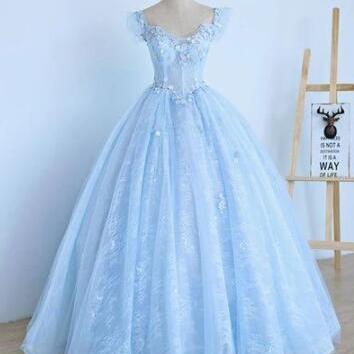 Light Blue Lace Long Prom Dresses