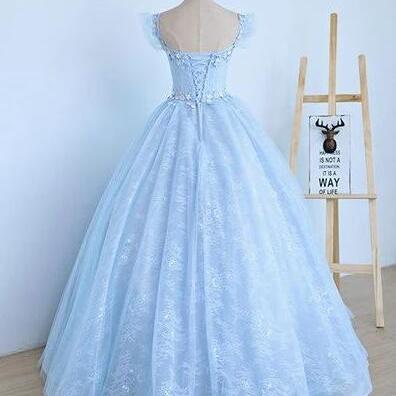 Light Blue Lace Long Prom Dresses