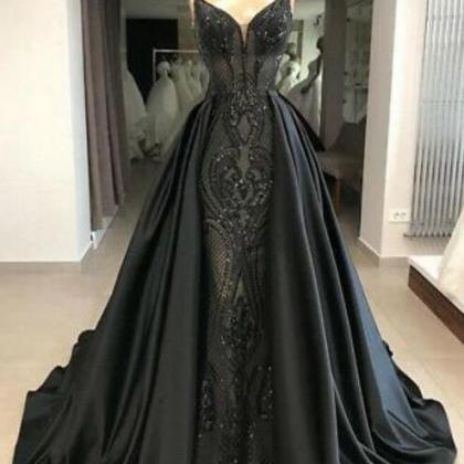 Detachable Black Satin Prom Evening Dresses