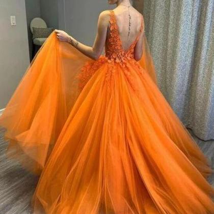 Sheer Bodice V Neck Orange Long Prom Dress