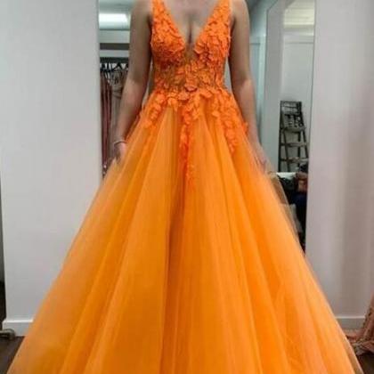 Sheer Bodice V Neck Orange Long Prom Dress