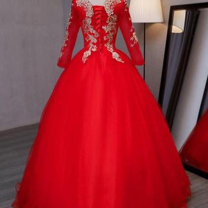 A Line Red Tulle Prom Dress With Long Sleeves