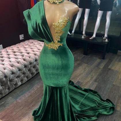 Mermaid Green Velvet Long Evening Prom Dresses