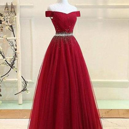 A Line Tulle Long Formal Prom Dresses