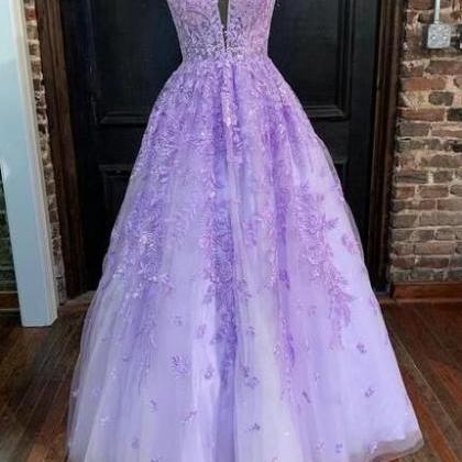 A Line V Neck Purple Lace Formal Evening Dresses