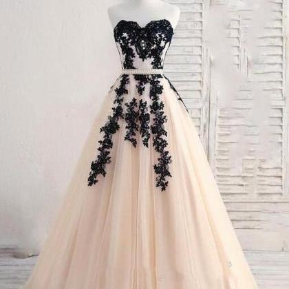 A Line Champagne And Black Lace Prom Dresses