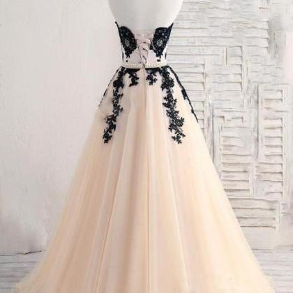 A Line Champagne And Black Lace Prom Dresses