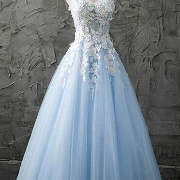 Floor Length Sweetheart Blue Tulle Evening Dress..