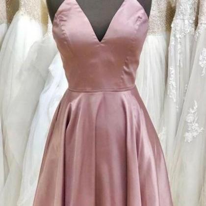 Simple V Neck Pink Short Homecoming Dress