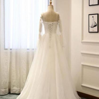 A Line Long Sleeves Applique Tulle V Neck Prom Dresses LBQ3403