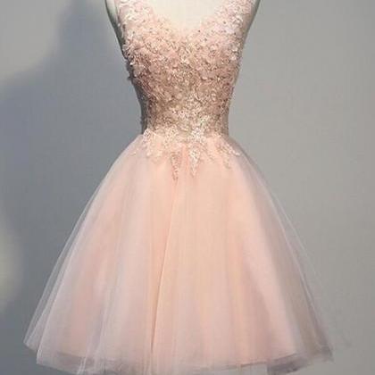 V-neck Blush Pink Lace Backless Homecoming Dresses