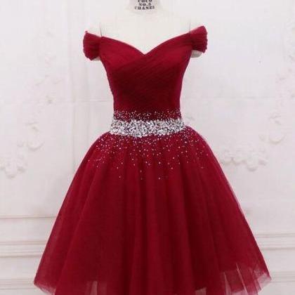 Lovely Off Shoulder Wine Red Homecoming Dresses..