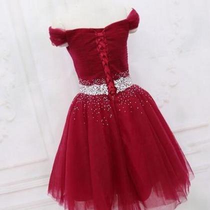 Lovely Off Shoulder Wine Red Homecoming Dresses..