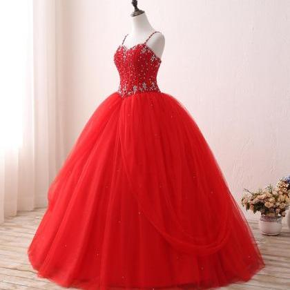 Princess Red Beaded Tulle Prom Party Evening Dress