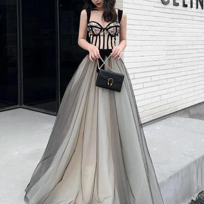 A Line Black Tulle Sequins Long Prom Evening Dress