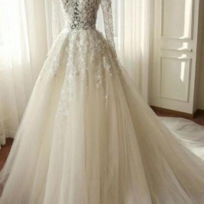 Elegant Tulle Long Sleeve Lace Applique Wedding..