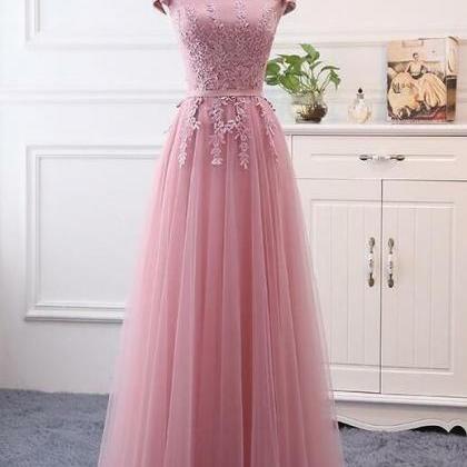 A Line Rose Pink Prom Dresses, Boat Neck Prom..