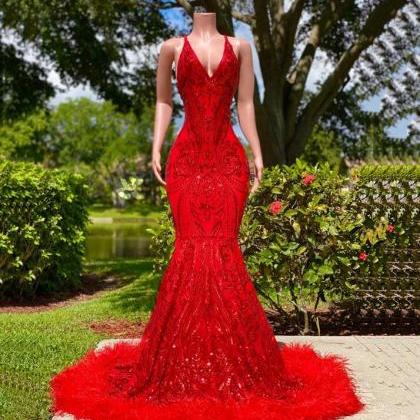 Sparkly Halter Evening Dress, Red Sequin Prom..