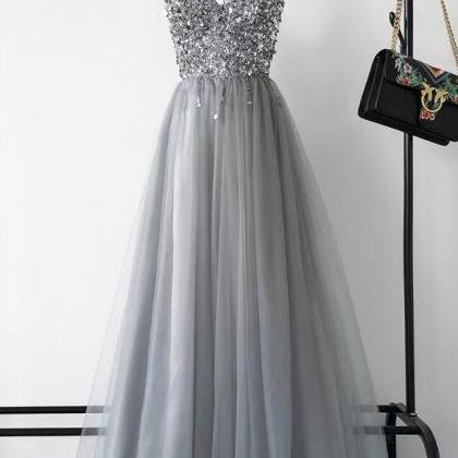 Luxury V-neck Silver Evening Dresses