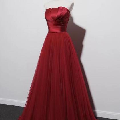 Charming Strapless Burgundy Prom Gown, Evening..