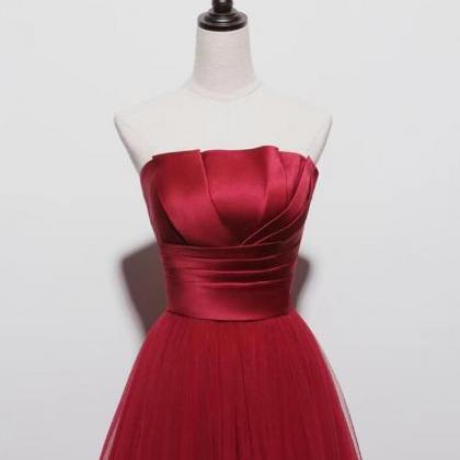 Charming Strapless Burgundy Prom Gown, Evening..