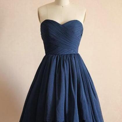 A Line Short Navy Blue Tulle Bridesmaid Dress