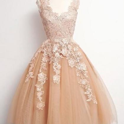 Vintage Champagne Lace Tulle Short Homecoming..