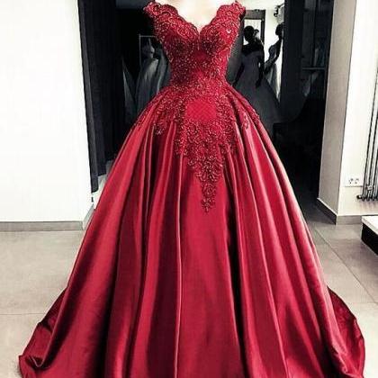 Ball Gown Lace Embroidery Wine Red Beaded V-neck..