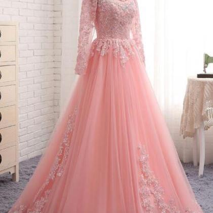 A-line Pink Tulle Long Sleeve Lace Appliques Prom..