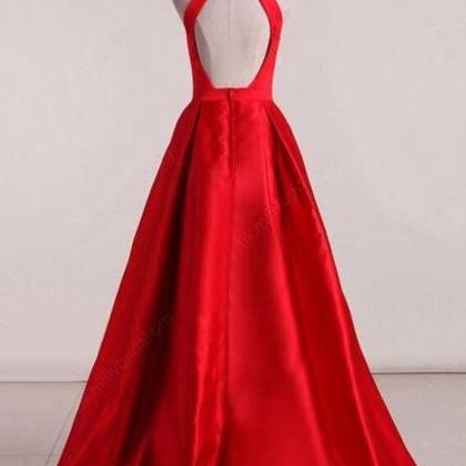 Halter Open Back Red Stain Prom Dresses