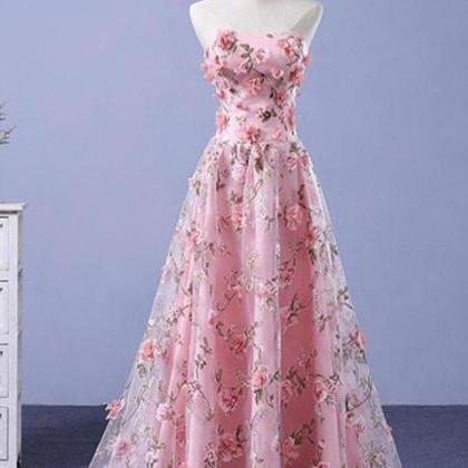 Strapless Pink Sweep Train Floral Long Prom..