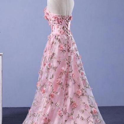 Strapless Pink Sweep Train Floral Long Prom..