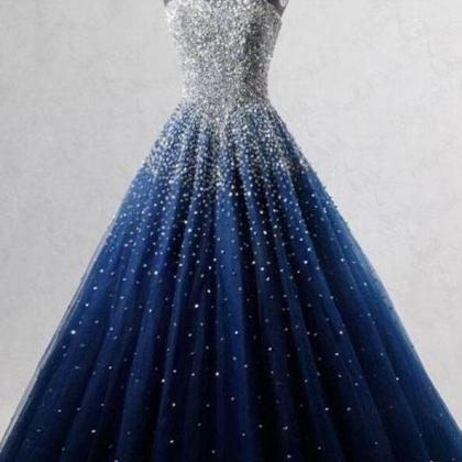 A-line Blue Sweetheart Sequin Tulle Long Prom..